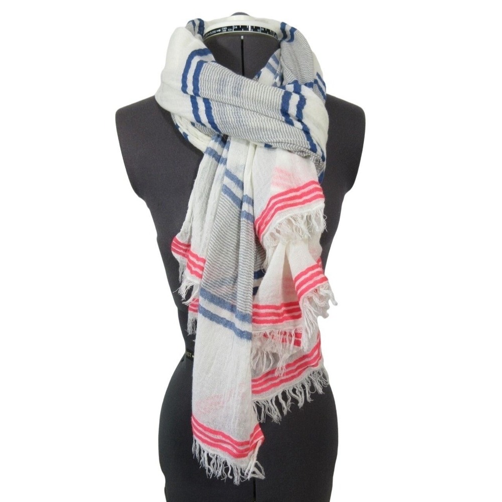 Lagenlook Striped Scarf Shawl Nautical Fringe Wrap Women's Slub‎ Cotton Feel